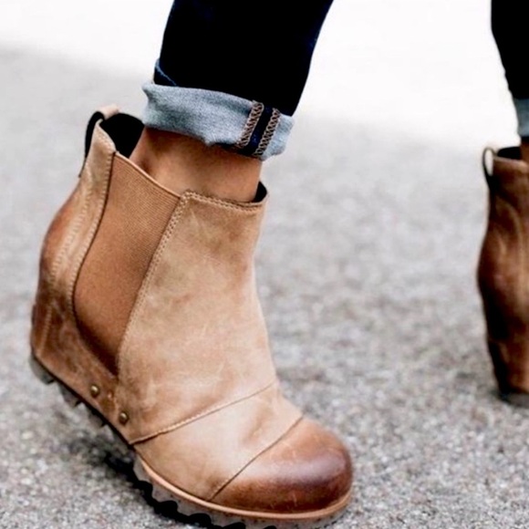 Sorel Women’s Lea Wedge Platform Booties Boots Leather in Elk Curry Size 7 - Picture 2 of 12